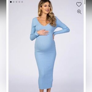 Maternity dress- Ribbed V‑Neck Maternity Sweater Dress - Light Blue